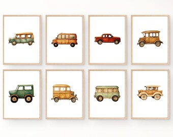 Vintage Car Wall Art, Set of 8 Retro Car Prints, Nursery & Playroom Decor, Classic Auto Art, Toddler's room decoration, Wall Art Gallery