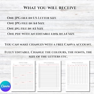 K&ouml;nnte beinhalten: Digitale Planervorlagen mit rosa Akzenten. Das Bild enth&auml;lt Text: "WHAT YOU WILL RECEIVE", Dateigr&ouml;&szlig;en und "YOU CAN MAKE CHANGES WITH A FREE CANVA ACCOUNT." Drei Planerseiten sind sichtbar: Office Tasks, Daily Schedule und Weekly Schedule.