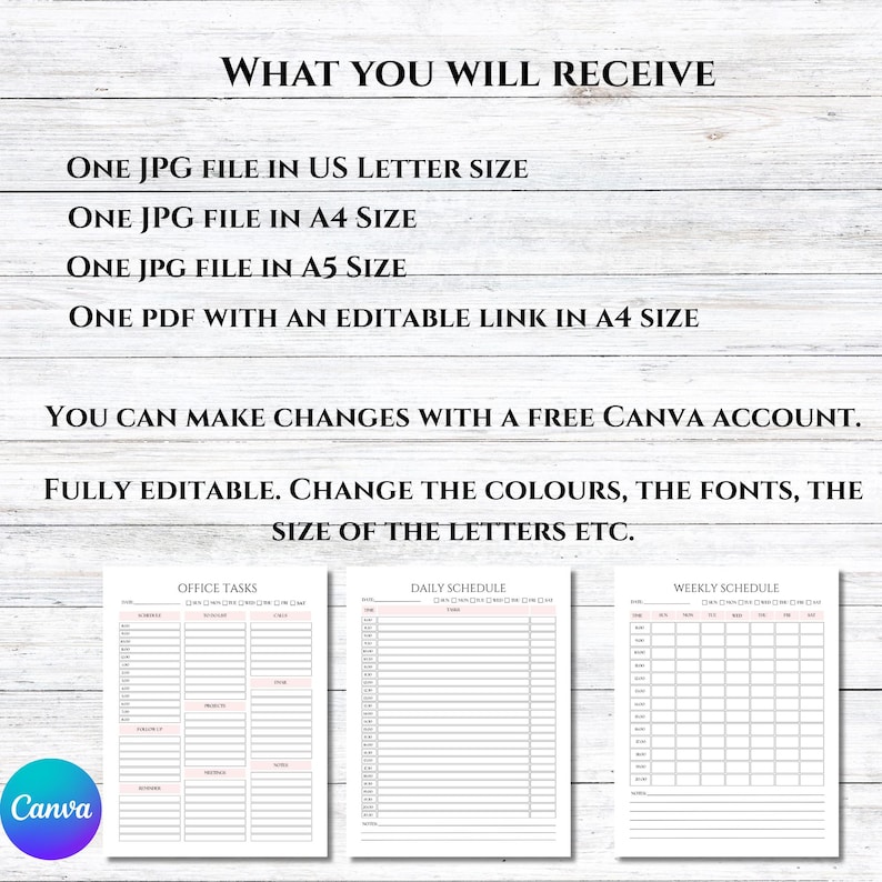 K&ouml;nnte beinhalten: Digitale Planervorlagen mit rosa Akzenten. Das Bild enth&auml;lt Text: "WHAT YOU WILL RECEIVE", Dateigr&ouml;&szlig;en und "YOU CAN MAKE CHANGES WITH A FREE CANVA ACCOUNT." Drei Planerseiten sind sichtbar: Office Tasks, Daily Schedule und Weekly Schedule.