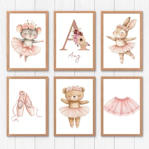 Impression personnalisée pour chambre de bébé, art mural rose personnalisable pour chambre de fille, initiale du nom personnalisé, décoration imprimable pour chambre de bébé, impressions ballerine