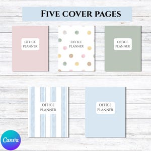 K&ouml;nnte beinhalten: F&uuml;nf B&uuml;roplaner-Titelseiten in Pastellfarben. Die Cover umfassen Rosa, Wei&szlig; mit Tupfen, Salbeigr&uuml;n, blaue Streifen und Hellblau. Jedes Cover hat den Text "OFFICE PLANNER" in einem wei&szlig;en Rechteck. Das Canva-Logo befindet sich unten links.