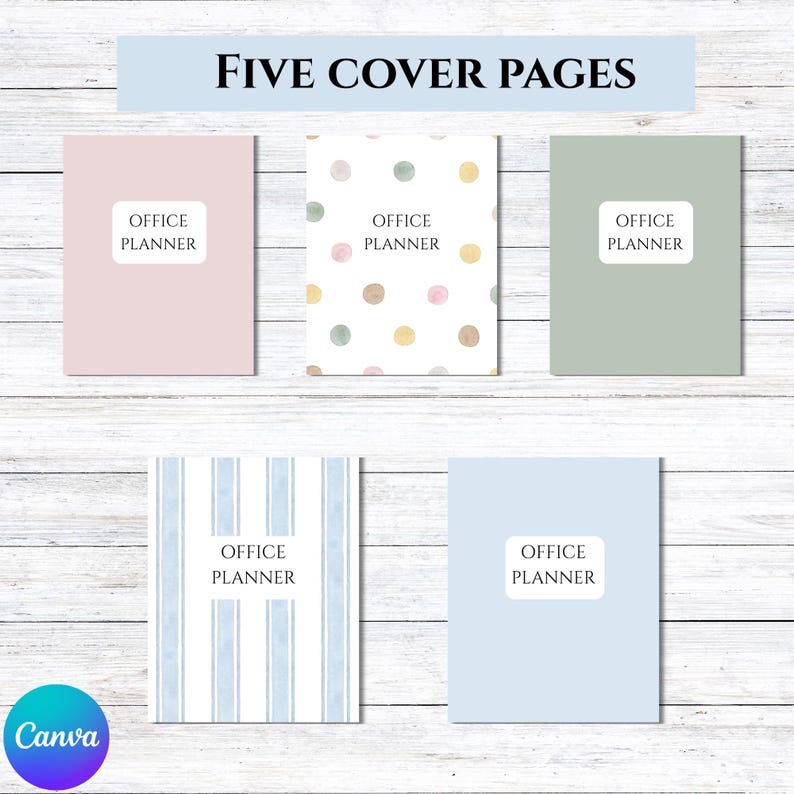 K&ouml;nnte beinhalten: F&uuml;nf B&uuml;roplaner-Titelseiten in Pastellfarben. Die Cover umfassen Rosa, Wei&szlig; mit Tupfen, Salbeigr&uuml;n, blaue Streifen und Hellblau. Jedes Cover hat den Text "OFFICE PLANNER" in einem wei&szlig;en Rechteck. Das Canva-Logo befindet sich unten links.