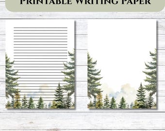 Papier à lettre imprimable Forêt, Papeterie imprimable ligné, Papier à lettres, Papier à lettres, Format US Letter A4, Aquarelle d'arbres
