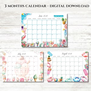 EDITIERBARER Kalender Juni Juli August 2026, Sommerplaner, druckbarer Monatskalender für Kinder Schule Home Office Arbeit, Cocktails, Eiscreme