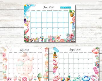EDITIERBARER Kalender Juni Juli August 2026, Sommerplaner, druckbarer Monatskalender für Kinder Schule Home Office Arbeit, Cocktails, Eiscreme