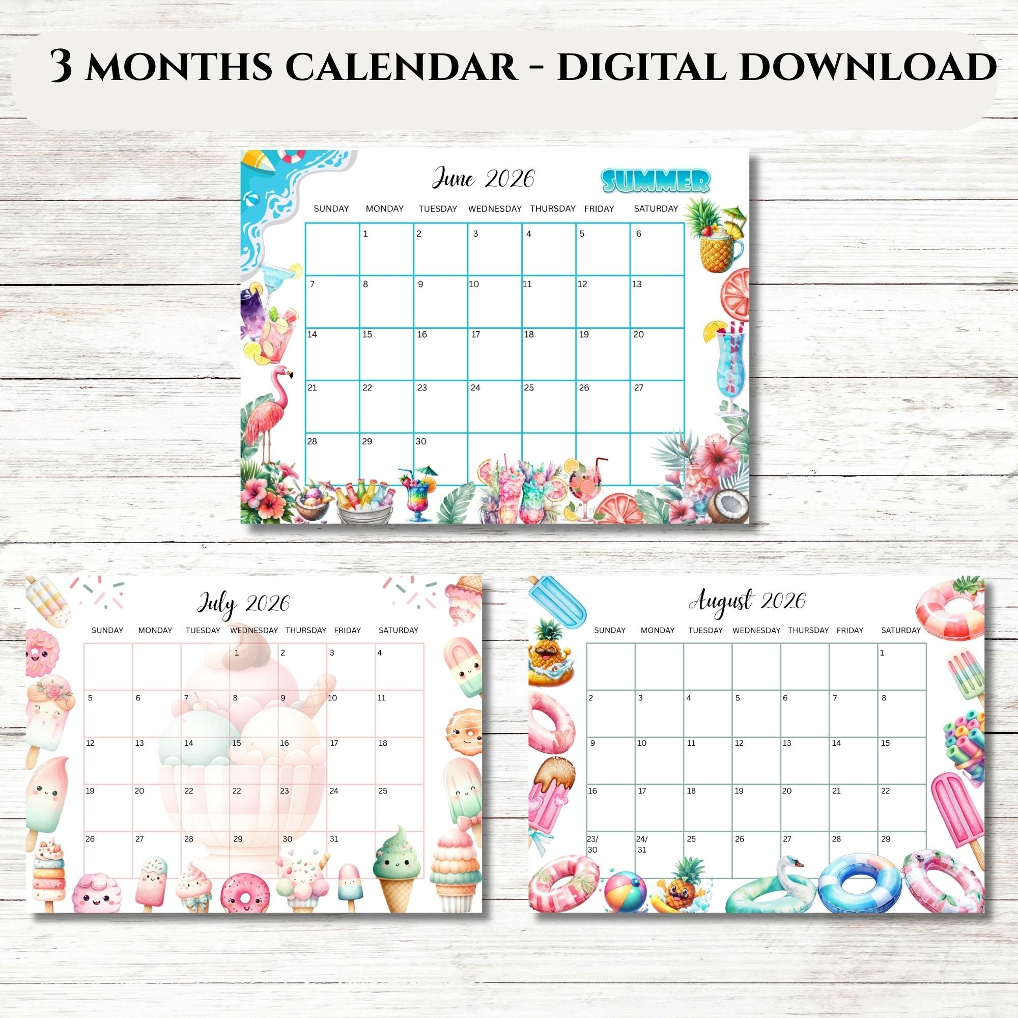 EDITABLE June July August 2026 Calendar, Summer Planner, Printable ...