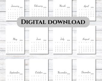 Bearbeitbarer Monatskalender 2026, 4 x 6-Zoll-Karte, druckbare PDF-Datei, eleganter kleiner Kalender PDF, JPG-Datei, Kalender 2025, Handwerkerplanerporträt