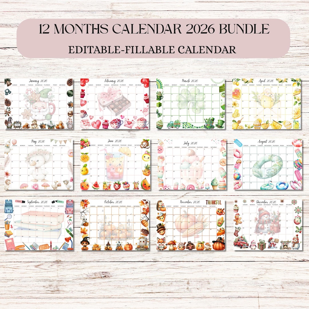 Editable Kids Watercolour Calendar 2026 Bundle, Printable Fillable ...