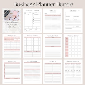 Puede incluir: Un paquete de planificadores de negocios imprimibles con páginas para la planificación diaria, semanal y mensual. Las páginas están diseñadas con un esquema de color rosa y blanco e incluyen secciones para la descripción general del negocio, el presupuesto, el calendario, las listas de tareas y más.