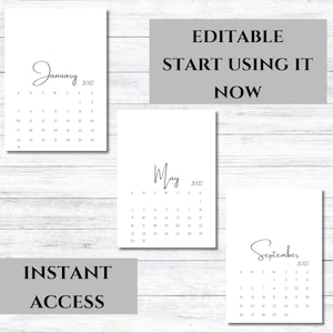 Op de afbeelding: Minimalistische witte kalenderpagina's voor januari, mei en september 2027. Elke pagina toont de naam van de maand in elegant schrift, met een eenvoudige kalenderraster. De afbeelding bevat ook de tekst "Editable Start Using It Now" en "Instant Access."