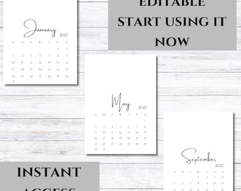 Editable Monthly Calendar 2027, 5x7in Card, Printable PDF, Elegant Small Calendar PDF, JPG File, 2027 Calendar, Crafter Planner Portrait