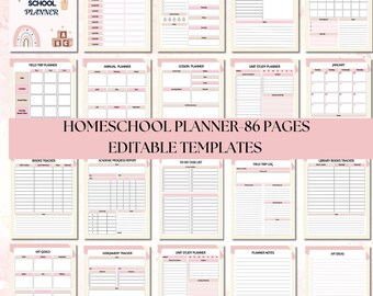 Pode incluir: Um planejador de ensino doméstico com 86 páginas de modelos editáveis. O planejador inclui seções para horários diários, planejamento semanal e mensal, passeios escolares, aulas e muito mais. O design apresenta um esquema de cores rosa e creme.