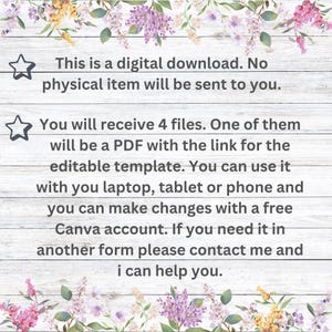 K&ouml;nnte beinhalten: Ank&uuml;ndigung zum digitalen Download mit Text auf wei&szlig;em Holzmaserungshintergrund, verziert mit floralen Akzenten. Der Text besagt, dass kein physischer Artikel versendet wird und der K&auml;ufer 4 Dateien erh&auml;lt, darunter eine PDF-Datei mit einer editierbaren Vorlage.