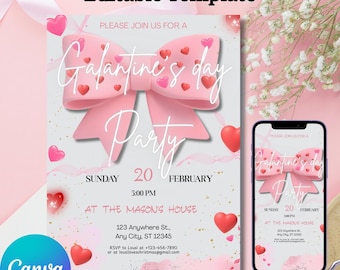 Galentine's Day Party Invite Pink Bow Editable Canva Invitation Template Galentine Girls Night Electronic Invite Instant Download Valentine