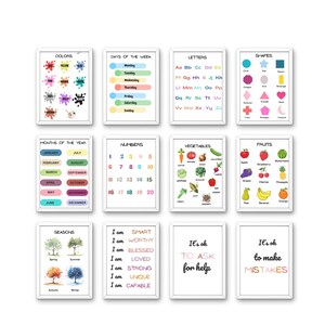 Conjunto de 16 carteles educativos coloridos, impresiones para la educación en el hogar, decoración del aula con alfabeto, decoración infantil neutra, sala de juegos para niños pequeños, archivos digitales