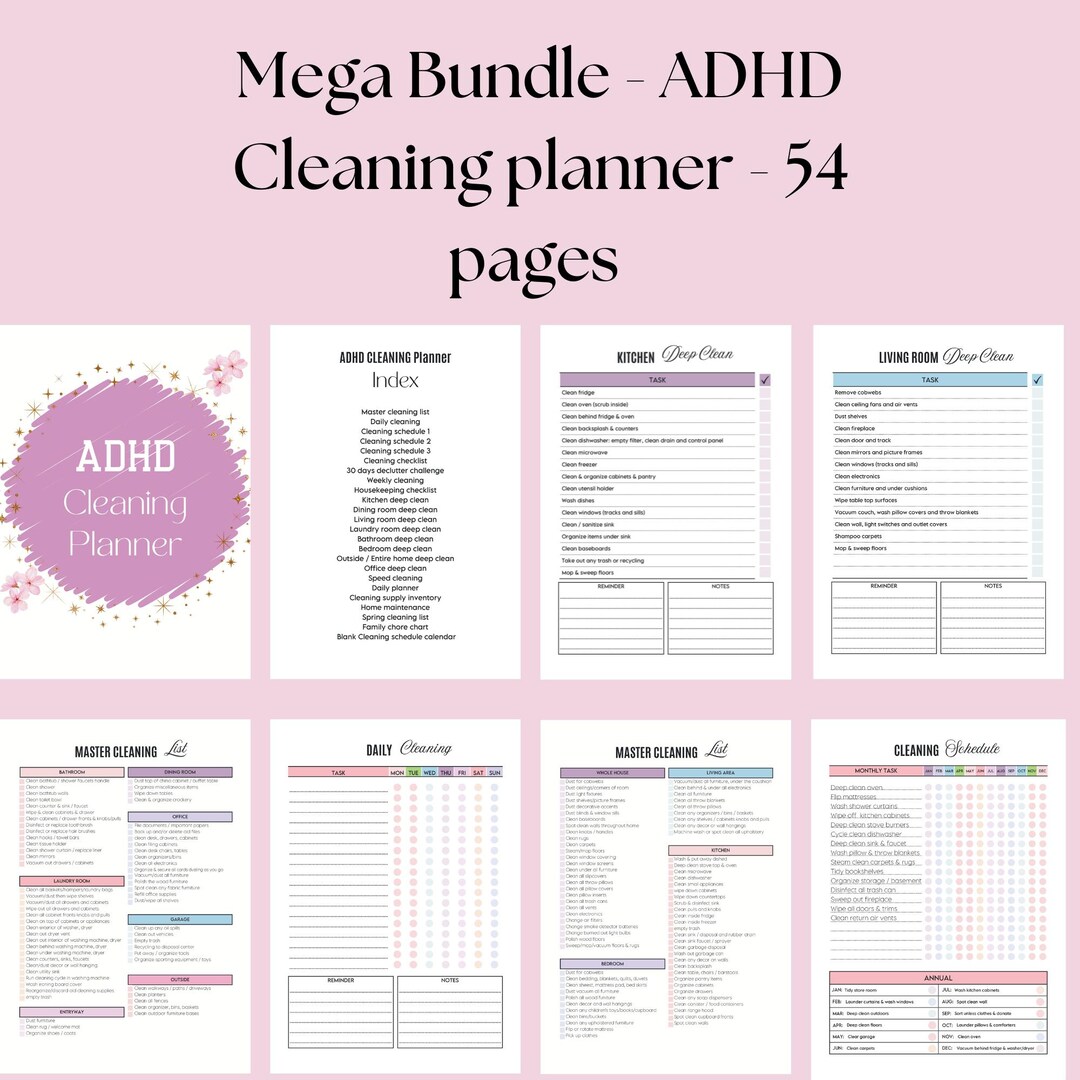 ADHD Cleaning Planner, Cleaning Checklist, Daily Weekly Monthly Yearly ...