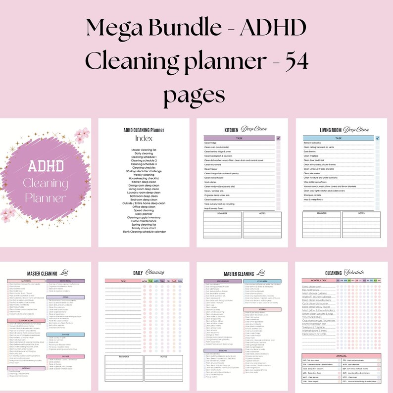 ADHD Cleaning Planner, Cleaning Checklist, Daily Weekly Monthly Yearly