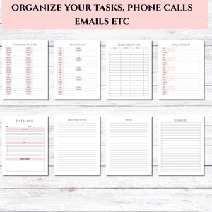 K&ouml;nnte beinhalten: Eine Sammlung wei&szlig;er Planerseiten mit rosa Akzenten. Die Seiten enthalten Abschnitte f&uuml;r die Passwortverfolgung, Kontaktlisten, Lead-Follow-ups und E-Mails. Weitere Seiten sind f&uuml;r To-Do-Listen und Notizen. Der Text "ORGANIZE YOUR TASKS, PHONE CALLS, EMAILS ETC" steht oben.