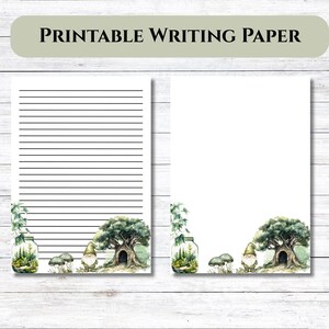 Könnte beinhalten: Zwei Blätter bedruckbares Schreibpapier. Ein Blatt hat schwarze horizontale Linien, das andere ist leer. Beide Blätter haben eine Aquarellillustration eines Baumes, eines Zwergs, Pilzen und einem Glas mit Pflanzen am unteren Rand.