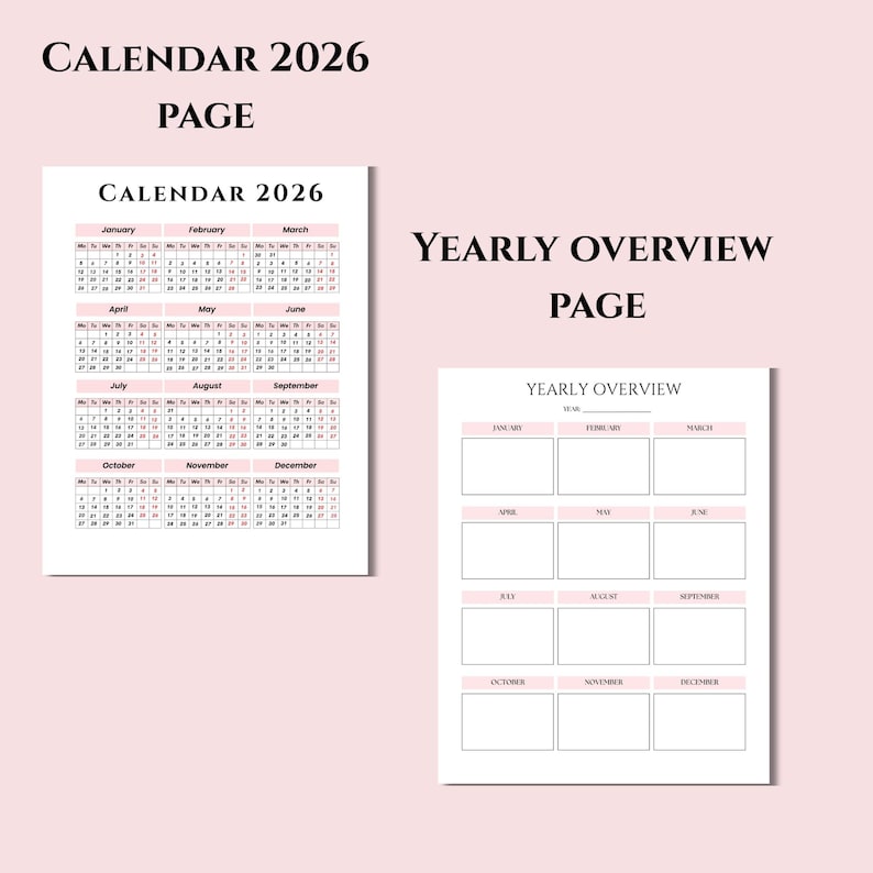 K&ouml;nnte beinhalten: Zwei druckbare Kalenderseiten f&uuml;r 2026. Eine Seite zeigt ein monatliches Kalenderlayout mit rosa Akzenten. Die andere Seite ist eine Jahres&uuml;bersicht mit K&auml;stchen f&uuml;r jeden Monat. Text enth&auml;lt "CALENDAR 2026 PAGE" und "YEARLY OVERVIEW PAGE".