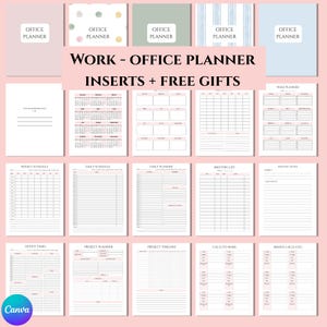 Puede incluir: Una colección de insertos de planificador de oficina con varios diseños, incluidas páginas de planificación semanal, diaria y de proyectos. Los insertos presentan un diseño limpio con acentos rosas y están etiquetados con títulos como "Office Tasks" y "Calls to Make".