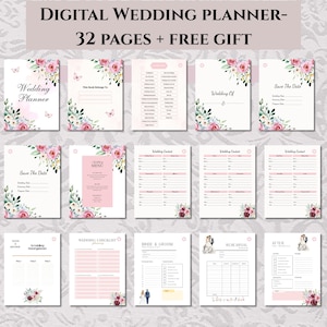 Könnte beinhalten: Digitaler Hochzeitsplaner mit 32 Seiten, mit floralen Designs und Text. Seiten enthalten Abschnitte wie "Wedding Planner", "Save the Date", "Wedding Menu" und "Bride & Groom". Der Planer hat ein rosa und weißes Farbschema.