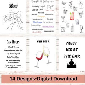 Könnte beinhalten: Ein Satz von 14 druckbaren digitalen Designs für Bar-Mottopartys. Die Designs zeigen Illustrationen von Cocktails, Weingläsern und Barregeln. Die Texte "Cheers!" und "Meet Me At The Bar" sind in den Designs enthalten.