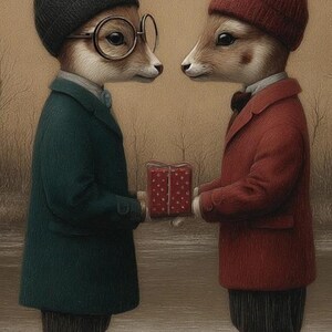 Op de afbeelding: Illustratie van twee antropomorfe dieren, één in een groene jas en de ander in een rode jas, die een cadeau uitwisselen. Het cadeau is een rode doos met witte stippen. De achtergrond is een sepia-landschap met het woord "Name" bovenaan.