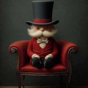 Op de afbeelding: Een grillige illustratie van een personage in een rood pak, vlinderdas en hoge hoed, zittend in een rode fauteuil. Het personage heeft een grote witte snor en staat tegen een donkergroene achtergrond.