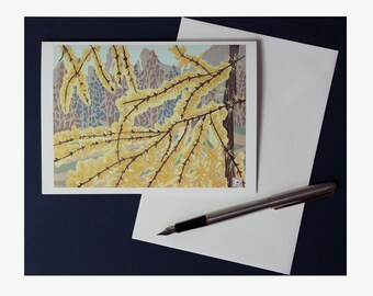 Fine Art Card. Digitally printed from a hand-carved original Linocut. "Larches".