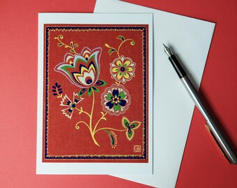 Fine Art Card. Digitally printed from an original hand-drawn design. "Folk Fabric". Floral graphic.