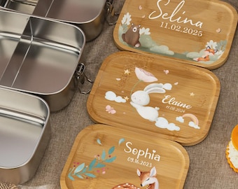 Custom Stainless Steel Lunch Box with Wooden Lid, Animal Lunch Box with Name, Food Container, Bread Box, Kid Dinner Box, Back To School Gift