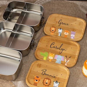 Boîte à lunch personnalisée en acier inoxydable, Boîte à lunch d'animaux mignons, Cadeau pour la première journée d'école, Boîte à lunch faite main pour enfants, Cadeaux d'anniversaire garçon fille