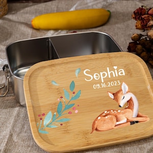 Personalisierte Lunchbox mit Holzdeckel, Edelstahl Lunchbox mit benutzerdefinierten Namen, Brotbox mit Tieren, Kinder Dinner Box, Back To School Geschenke