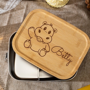 Boîte à lunch en bois gravé personnalisée, Boîte à lunch en acier inoxydable, Cadeau de rentrée des classes pour enfants, Boîte à lunch au nom de bébé, Cadeau de baptême pour enfants