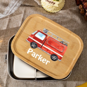 Cadeaux personnalisés pour bébé garçon, Boîte à lunch personnalisée camion de pompiers pour enfants, Récipients pour aliments en bois, Boîte à lunch prénom de bébé, Cadeaux d'anniversaire pour garçons