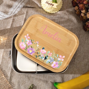 Boîte à lunch en acier inoxydable avec nom personnalisé, Boîte à lunch fleurs personnalisées, Boîte à lunch pour enfants, Boîte à collation pour enfants, Cadeaux pour nièce, Cadeau de rentrée scolaire