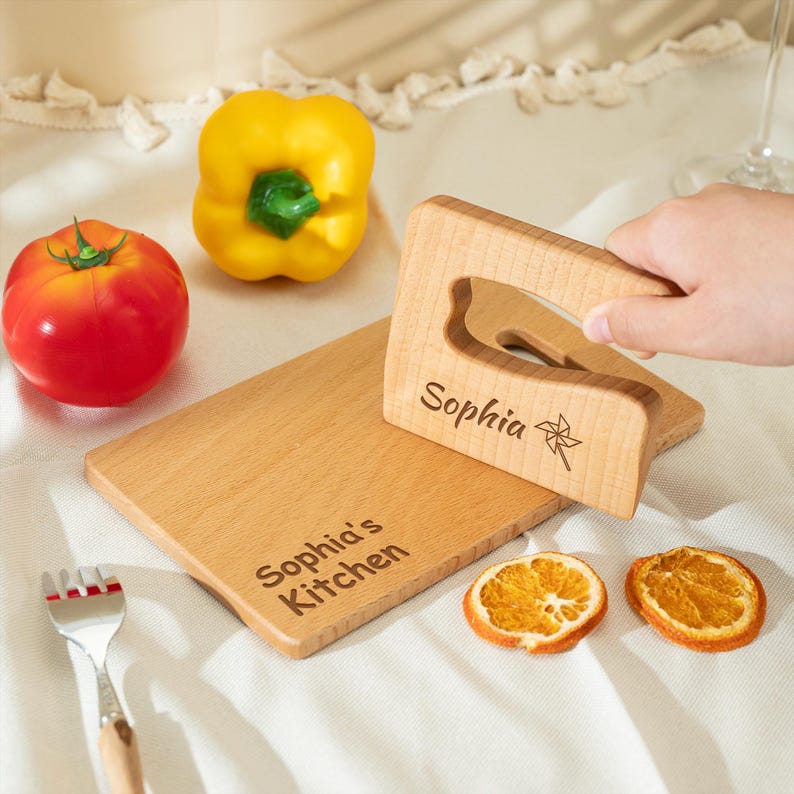 Cutting Board and Safe Wooden Knife for Kids, Child Chopping Board and Chopper, Toddler Utensil Montessori Toy, Safe Toy for Kids, Xmas Gift