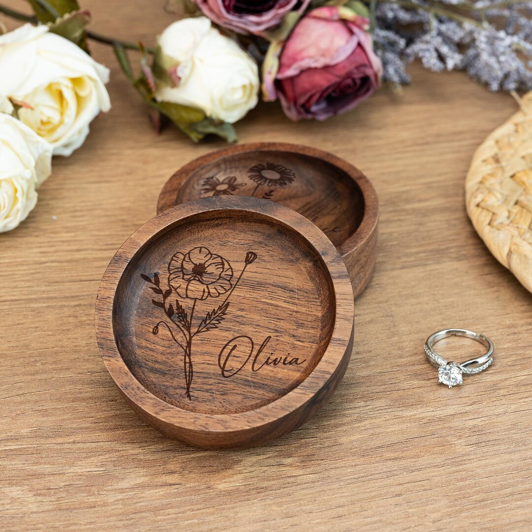 Custom Round Wood Jewelry Plate,personalized Birth Flower Ring Dish ...