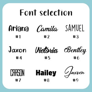 May include: A light blue background with the text "Font selection" at the top. Nine names are displayed in different fonts, each with a number below it. The names include Ariana, Camila, Samuel, Jaxon, Victoria, Bentley, Carson, Hailey, and Jaxson.