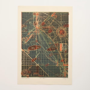 May include: Abstract art print with a dark blue background and a grid pattern. Red and green lines and shapes overlay the grid, with text and numbers scattered throughout. The print is on a cream-colored paper.