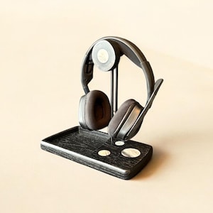 Custom Made Headphones Stand | Solid Hardwood & Steel Headphone Holder | Unique Black Epoxy Resin with Marble Inlay | Gift for Musician