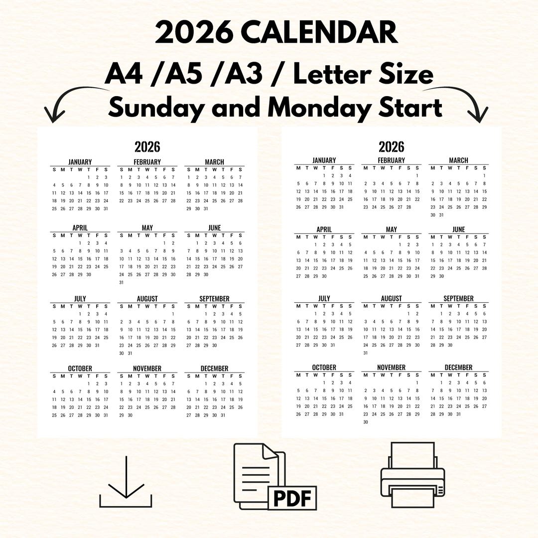 2026 Calendar Printable | Yearly Calendar PDF | A5 A3 A4 US Letter ...