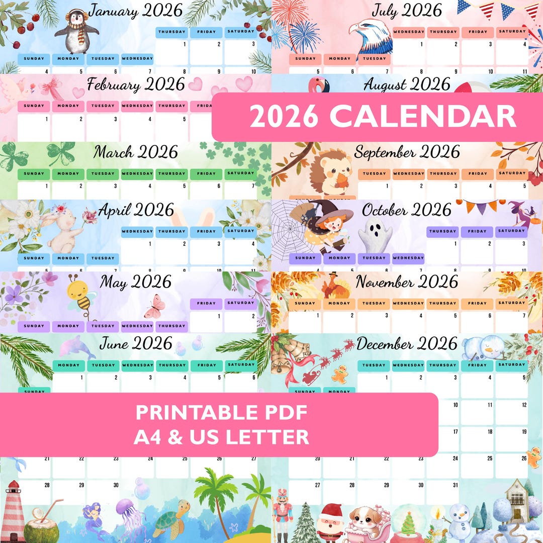 2026 Niedlicher Kalender zum Ausdrucken, Monatsplaner PDF, Printable