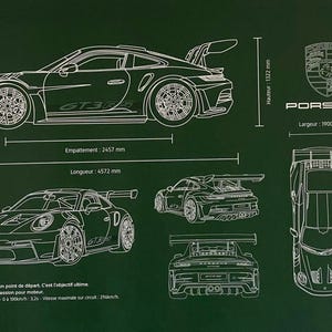 キャンバスプリント - ポルシェ911 GT3 RS - 詳細な技術図面、ネイビー