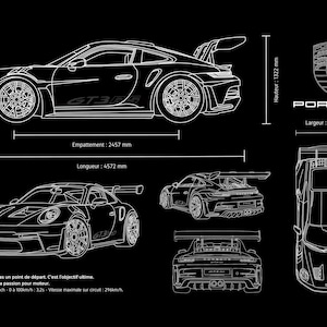 キャンバスプリント - ポルシェ911 GT3 RS - 詳細な技術図面、ネイビー