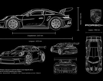 キャンバスプリント - ポルシェ 911 GT3 RS - 詳細な技術図面