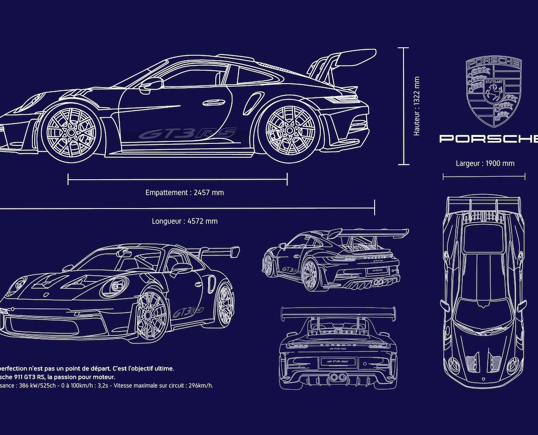 キャンバスプリント - ポルシェ 911 GT3 RS - 詳細な技術図面