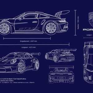 キャンバスプリント - ポルシェ911 GT3 RS - 詳細な技術図面、ネイビー