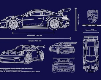キャンバスプリント - ポルシェ 911 GT3 RS - 詳細な技術図面 ネイビー